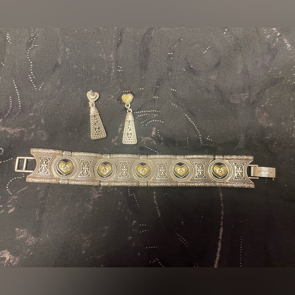 Brighton Vintage Retired Two Tone Heart Bracelet and Earring Set